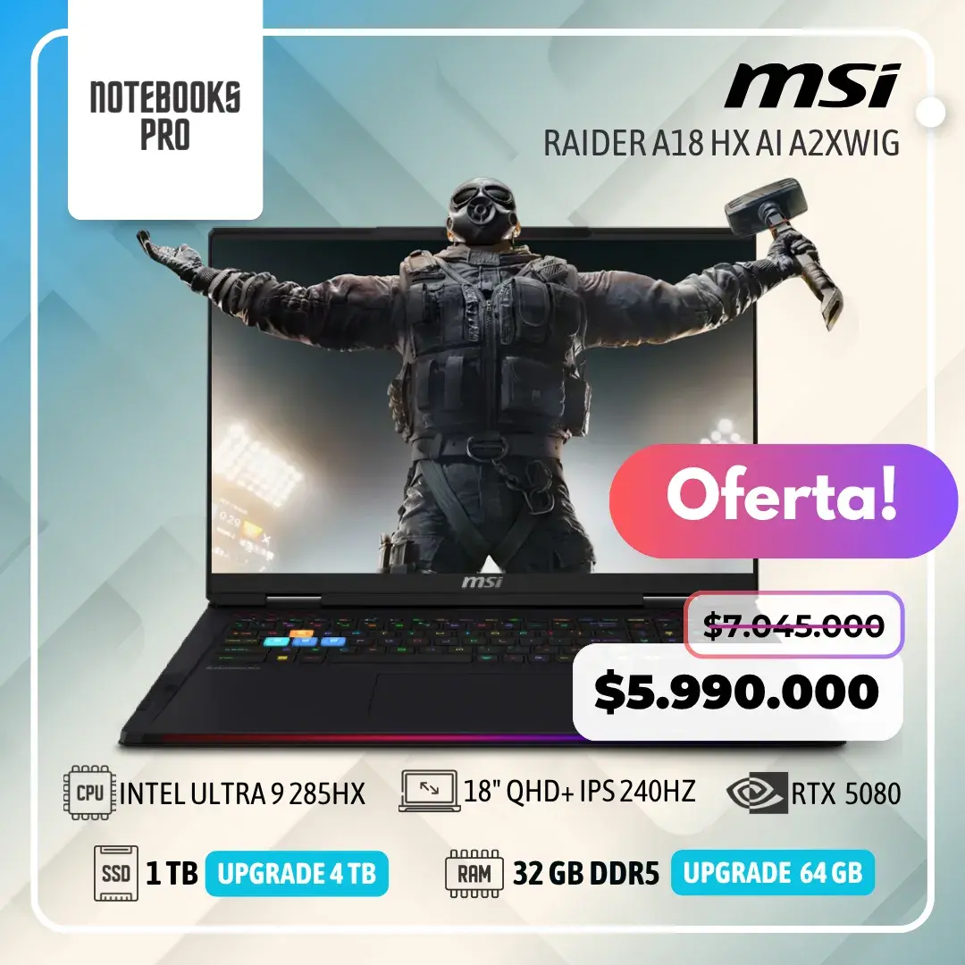 MSI RAIDER A18 HX AI A2XWIG - CORE ULTRA 9 285HX - SSD 1 TB - 32 GB RAM DDR5 - RTX 5080 - 18" QHD+ IPS 240Hz - Teclado Retroiluminado - 24 Núcleo