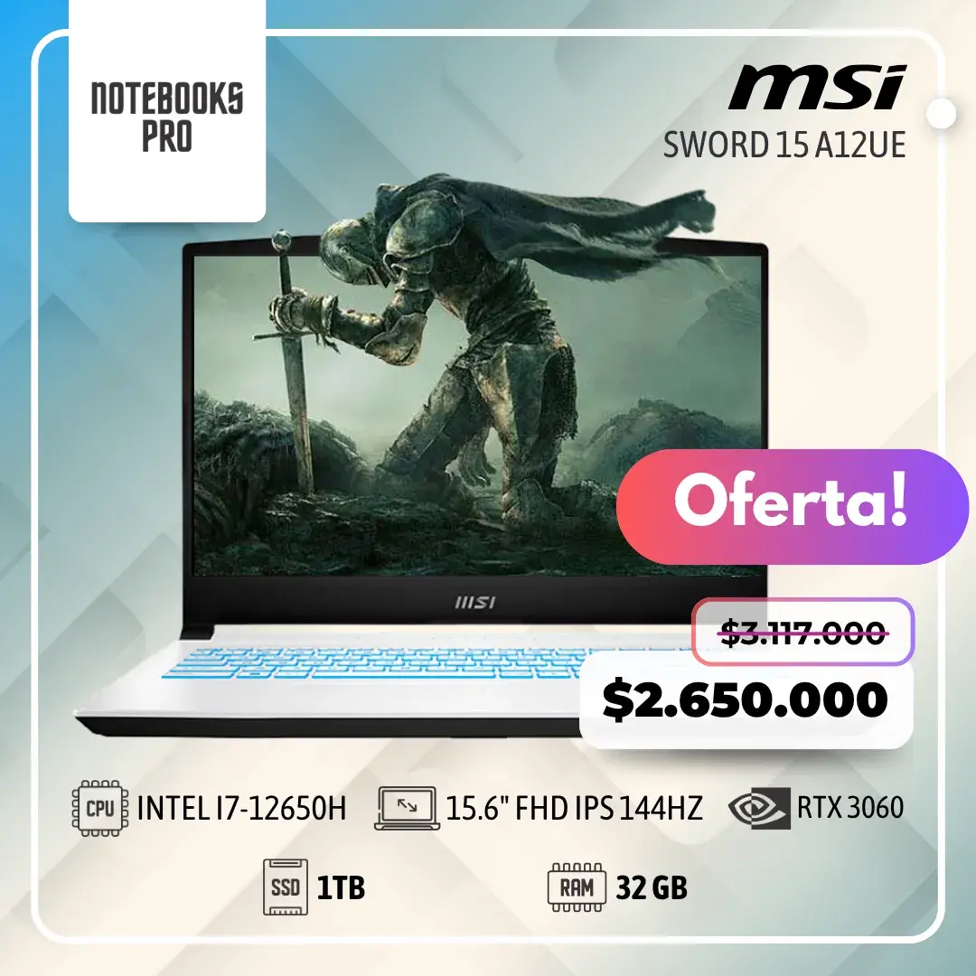 MSI SWORD 15 A12UE - i7-12650H - SSD 1 TB - 32 GB RAM - RTX 3060 - 15.6" FHD IPS 144Hz - 10 Núcleos