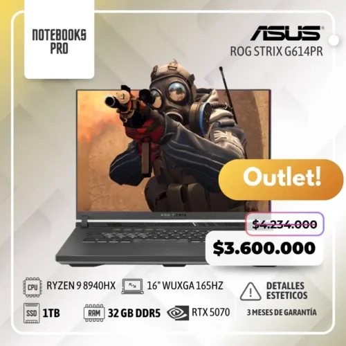 (OUTLET) ASUS ROG STRIX G614P - RYZEN 9 8940HX - SSD 1 TB - 32 GB RAM DDR5 - 16" WUXGA 165Hz - RTX 5070 - Teclado retroiluminado - 16 núcleos