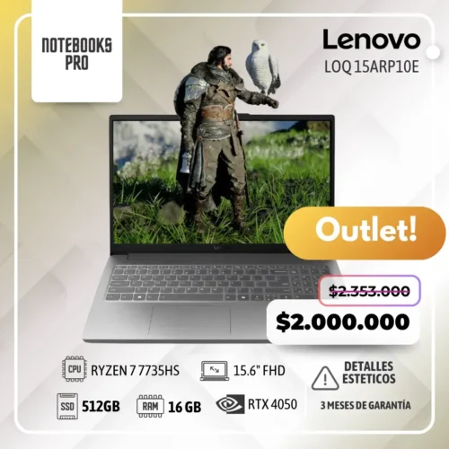 (OUTLET) LENOVO LOQ 15ARP10E - RYZEN 7 7735HS - SSD 512 GB - 16 GB RAM DDR5 - 15.6" FHD 144Hz - RTX 4050 - Teclado retroiluminado - 8 núcleos