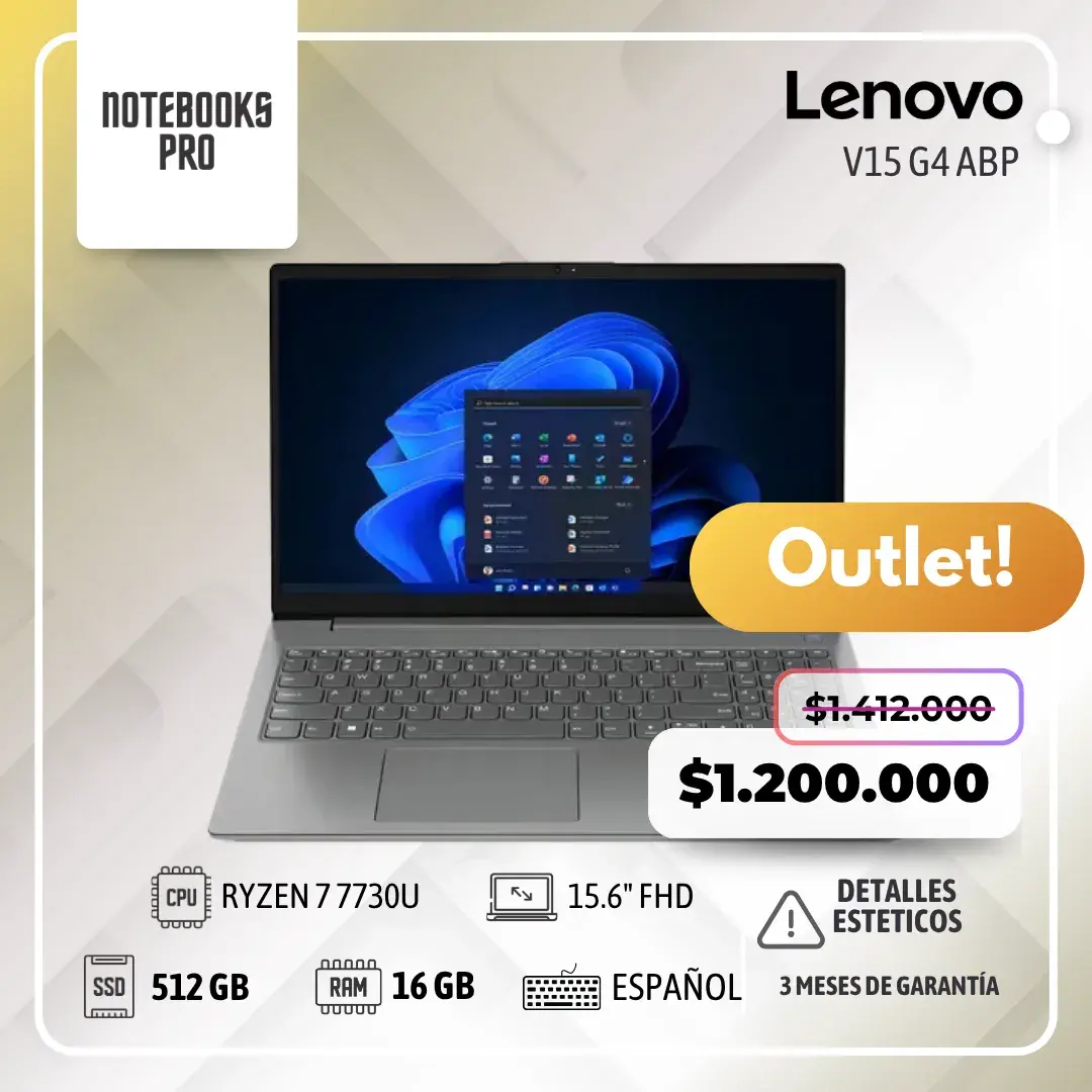 (OUTLET) LENOVO V15 G4 ABP - RYZEN 7 7730U - SSD 512 GB - 16 GB - 15.6" FHD - 8 núcleos - Teclado español
