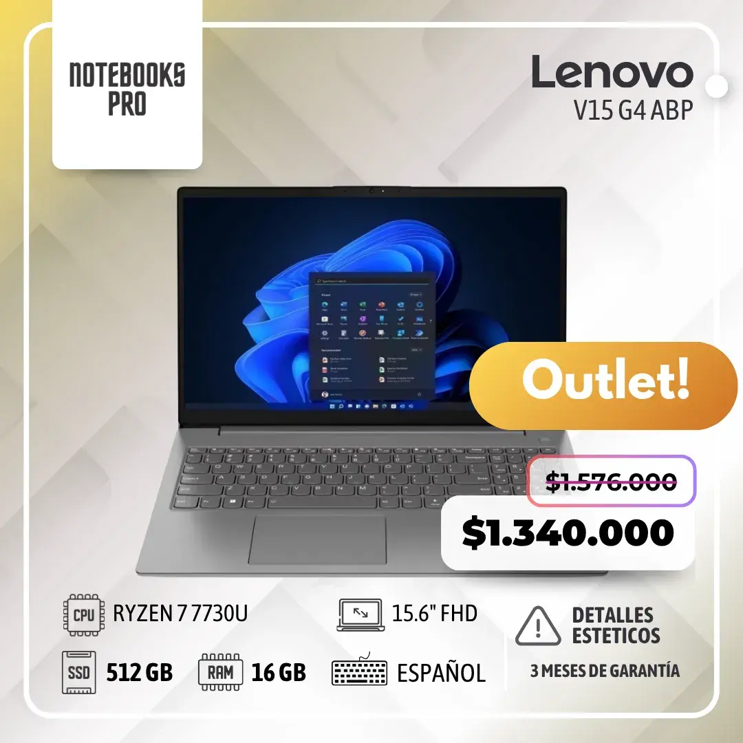 (OUTLET) LENOVO V15 G4 ABP - RYZEN 7 7730U - SSD 512 GB - 16 GB - 15.6" FHD - 8 núcleos - Teclado español