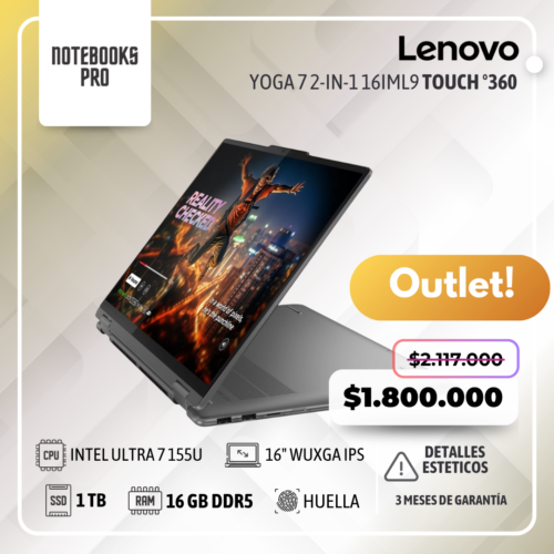 (OUTLET) LENOVO YOGA 7 2-in-1 16IML9 - Intel Core Ultra 7 155U - SSD 1 TB - 16 GB DDR5 - 16" WUXGA IPS Touch °360 - Teclado Retroiluminado - Lector de Huella