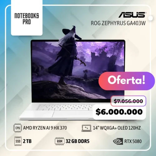 ASUS ROG ZEPHYRUS GA403W - AMD RYZEN AI 9 HX 370 - SSD 2 TB - 32 GB RAM DDR5 - RTX 5080 - 14” WQXGA+ OLED 120Hz - Teclado Retroiluminado - 12 Núcleos