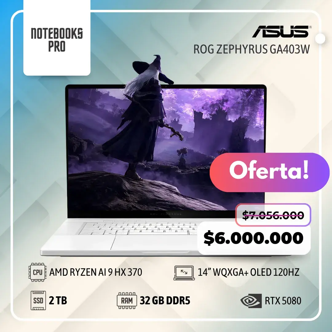ASUS ROG ZEPHYRUS GA403W - AMD RYZEN AI 9 HX 370 - SSD 2 TB - 32 GB RAM DDR5 - RTX 5080 - 14” WQXGA+ OLED 120Hz - Teclado Retroiluminado - 12 Núcleos