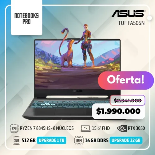 ASUS TUF FA506N - RYZEN 7 8845HS - SSD 512 GB - 16 GB RAM DDR5 - 15.6" FHD - RTX 3050 - Teclado Retroiluminado - 8 núcleos - Teclado Español