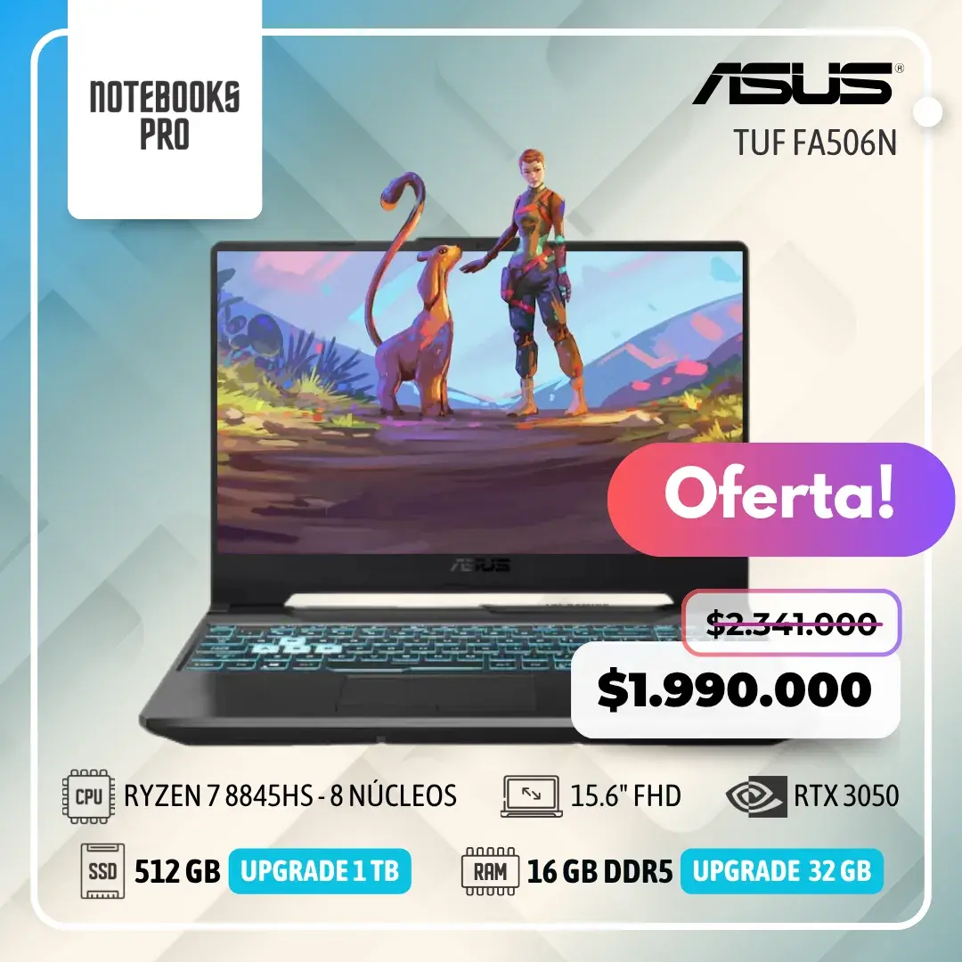 ASUS TUF FA506N - RYZEN 7 8845HS - SSD 512 GB - 16 GB RAM DDR5 - 15.6" FHD - RTX 3050 - Teclado Retroiluminado - 8 núcleos - Teclado Español
