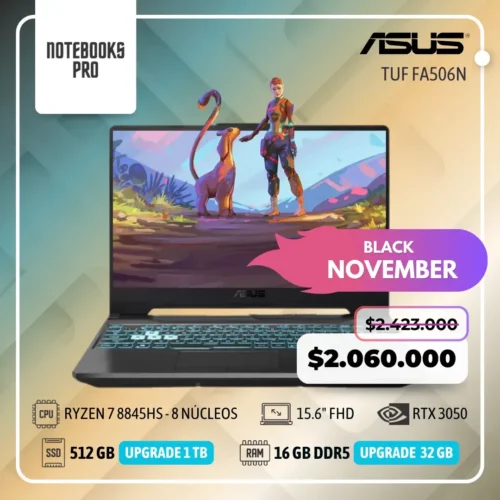 ASUS TUF FA506N - RYZEN 7 8845HS - SSD 512 GB - 16 GB RAM DDR5 - 15.6" FHD - RTX 3050 - Teclado Retroiluminado - 8 núcleos - Teclado Español