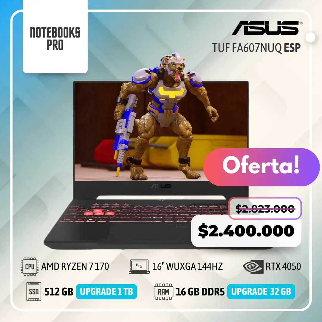 ASUS TUF FA607NUQ – AMD RYZEN 7 170 – SSD 512 GB – 16 GB RAM DDR5 – 16″ WUXGA 144HZ – RTX 4050 – Teclado retroiluminado – 8 Núcleos - Teclado Español