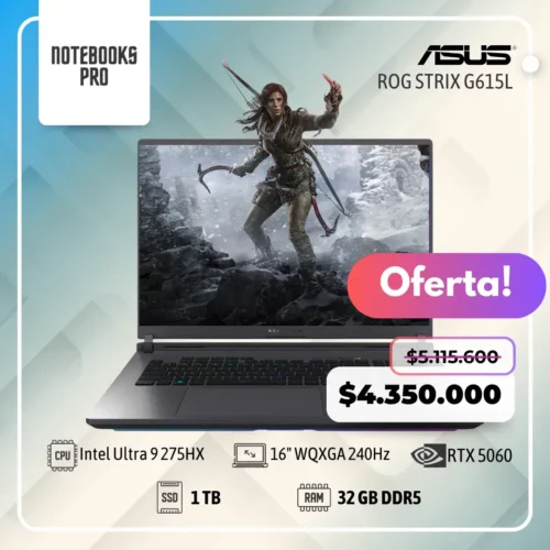 ASUS ROG STRIX G615L - Intel Core Ultra 9 275HX - SSD 1TB - 32 GB RAM DDR5 - 16" WQXGA 240Hz - RTX 5060 - Teclado retroiluminado - 24 núcleos