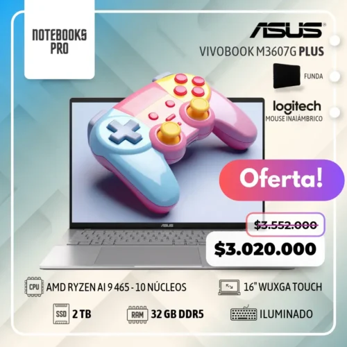 ASUS VIVOBOOK M3607G PLUS – AMD RYZEN AI 9 465 – SSD 2TB – 32 GB RAM DDR5 – 16″ WUXGA Touch – 10 núcleos - Teclado Retroiluminado