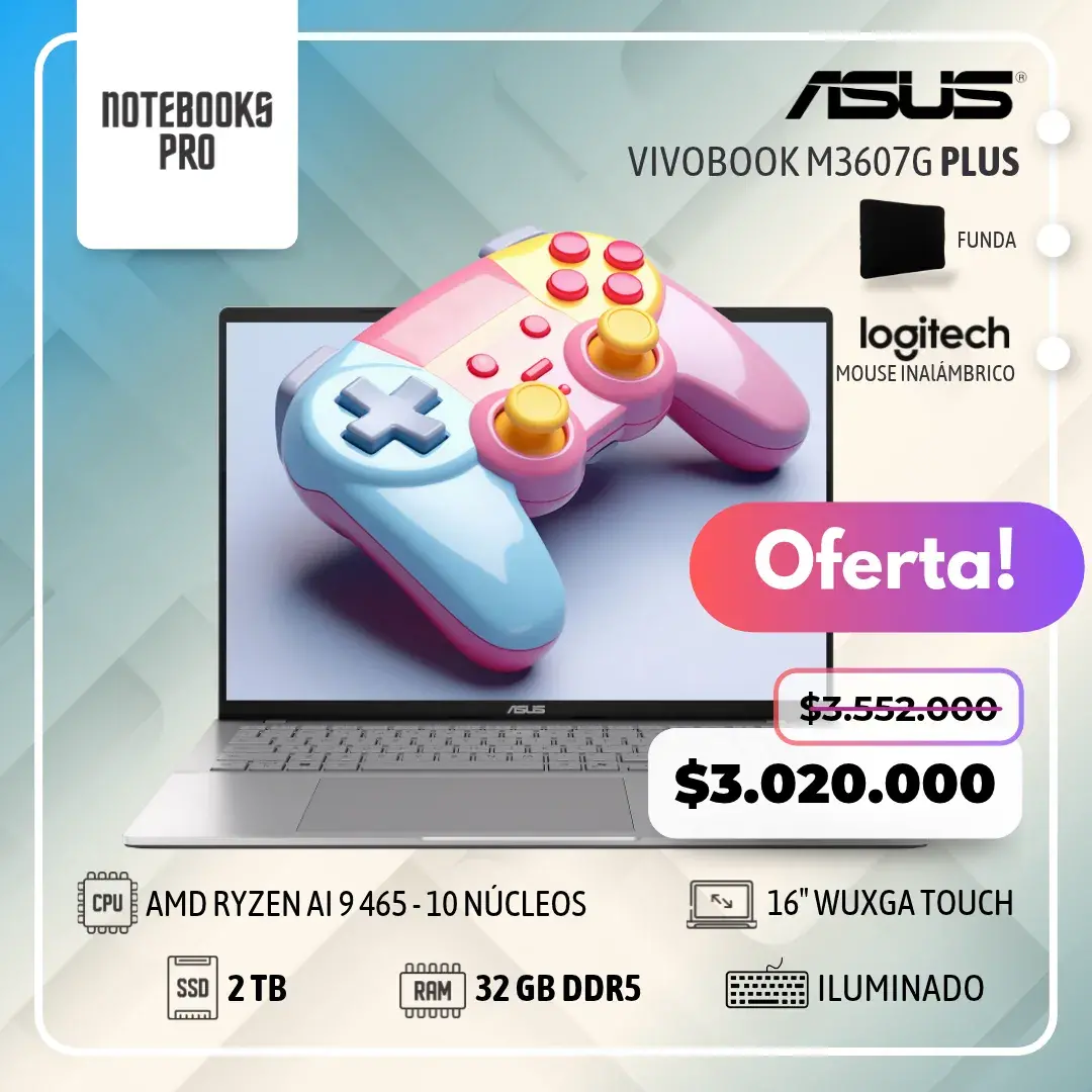 ASUS VIVOBOOK M3607G PLUS – AMD RYZEN AI 9 465 – SSD 2TB – 32 GB RAM DDR5 – 16″ WUXGA Touch – 10 núcleos - Teclado Retroiluminado
