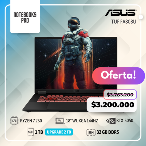 ASUS TUF FA808U - RYZEN 7 260 - SSD 1 TB - 32 GB RAM DDR5 - 18" WUXGA 144HZ - RTX 5050 - Teclado retroiluminado - 8 Núcleos