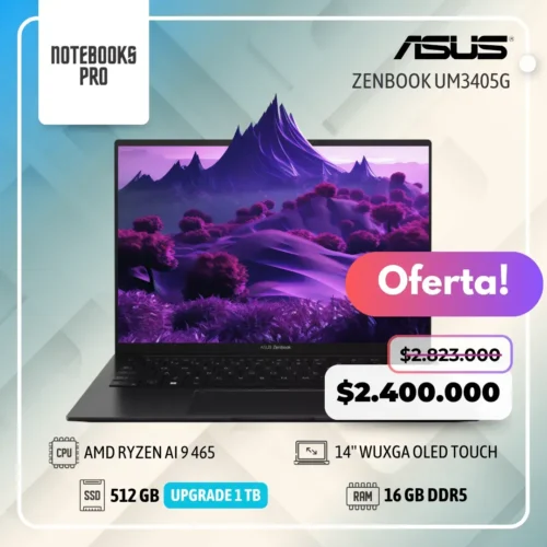 ASUS ZENBOOK UM3405G - AMD RYZEN AI 9 465  - SSD 512 GB - 16 RAM DDR5 - 14'' WUXGA OLED Touch - 10 Núcleos - Teclado retroiluminado