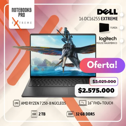 DELL 16 DC16255 EXTREME - AMD RYZEN 7 250 - SSD 2 TB - 32 GB RAM DDR5 - 16” FHD+ Touch  - 8 Núcleos