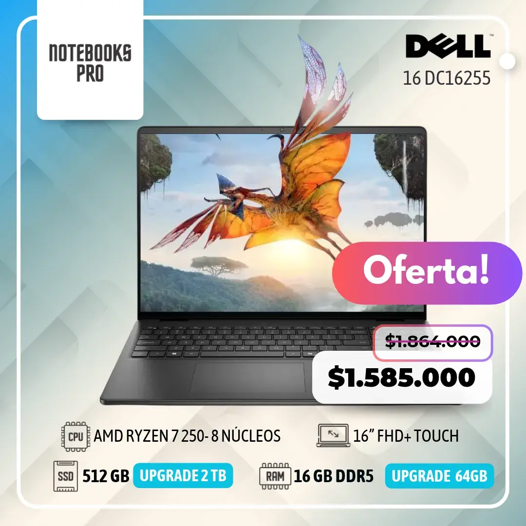 DELL 16 DC16255 - AMD RYZEN 7 250 - SSD 512 GB - 16 GB RAM DDR5 - 16” FHD+ Touch - 8 Núcleos
