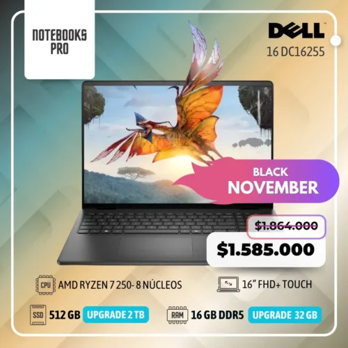 DELL 16 DC16255 - AMD RYZEN 7 250 - SSD 512 GB - 16 GB RAM DDR5 - 16” FHD+ Touch  - 8 Núcleos