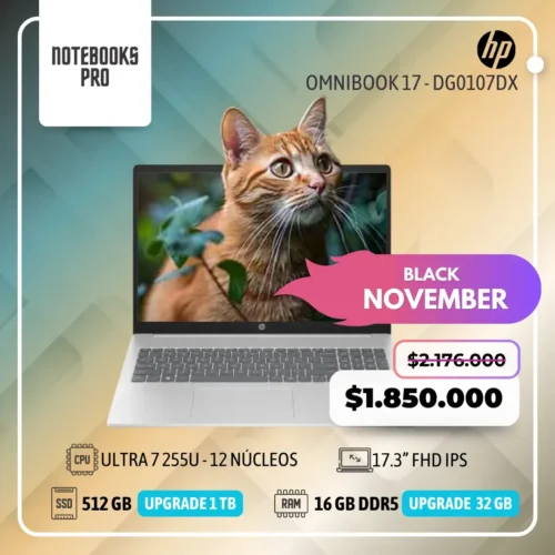 HP OMNIBOOK 17 - DG0107DX - Ultra 7 255U - SSD 512 GB  - 16 GB RAM DDR5  - 17.3” FHD IPS - Teclado retroiluminado - 12 Núcleos