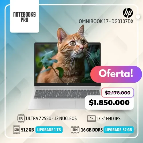 HP OMNIBOOK 17 - DG0107DX - Ultra 7 255U - SSD 512 GB  - 16 GB RAM DDR5  - 17.3” FHD IPS - Teclado retroiluminado - 12 Núcleos