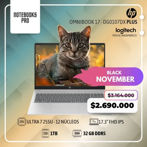 HP OMNIBOOK 17 - DG0107DX PLUS - Ultra 7 255U - SSD 1 TB  - 32 GB RAM DDR5  - 17.3” FHD IPS - Teclado retroiluminado - 12 Núcleos