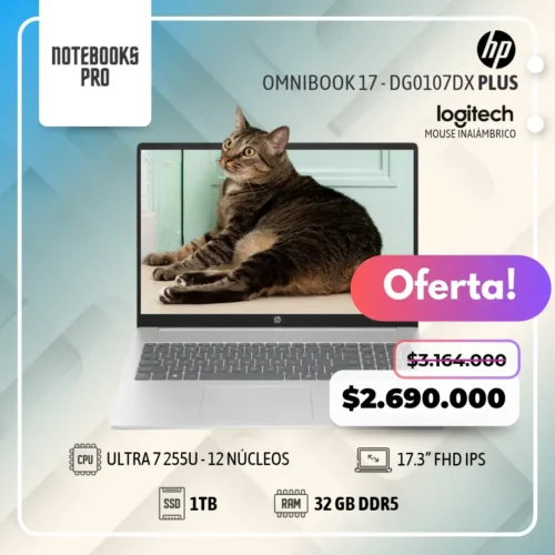 HP OMNIBOOK 17 - DG0107DX PLUS - Ultra 7 255U - SSD 1 TB  - 32 GB RAM DDR5  - 17.3” FHD IPS - Teclado retroiluminado - 12 Núcleos