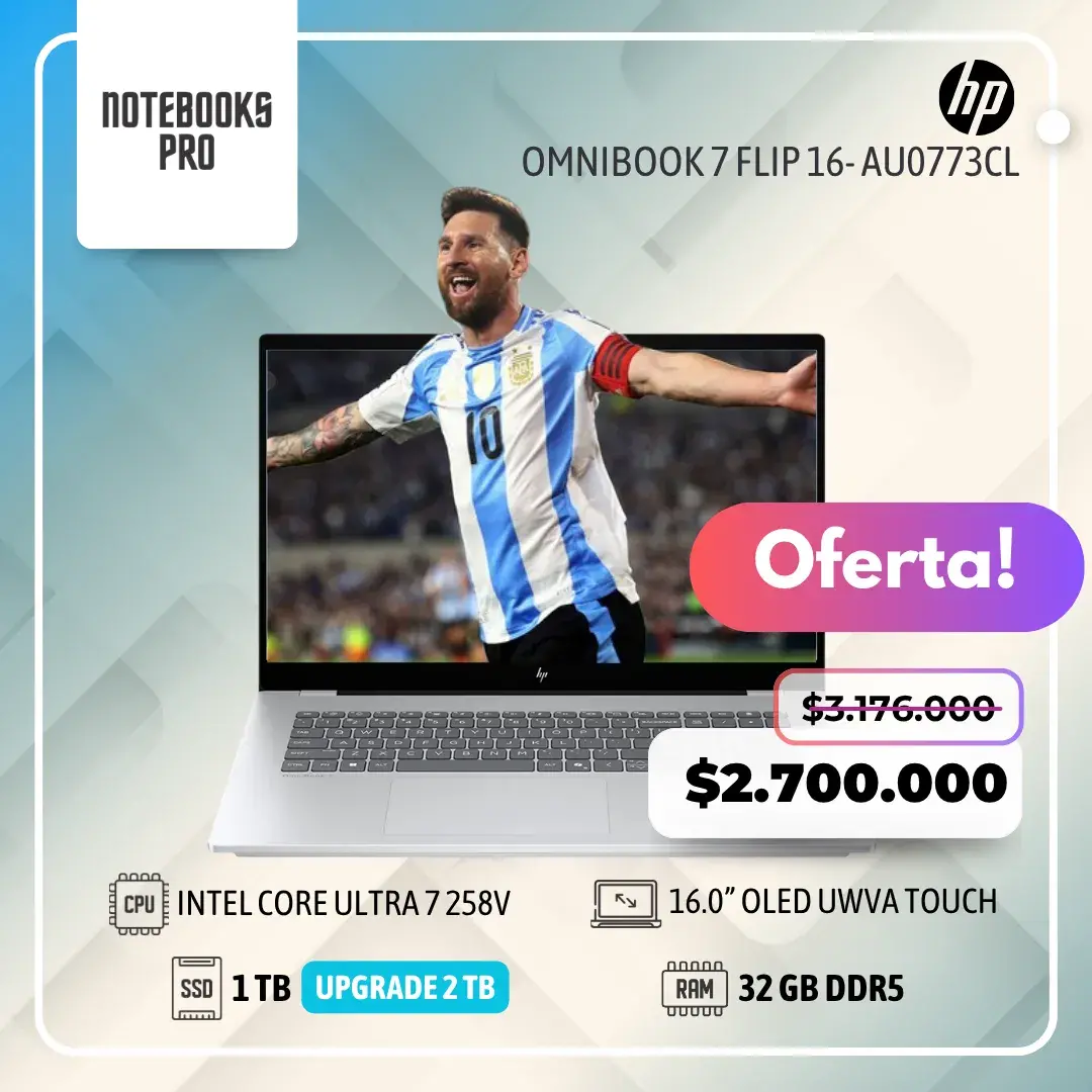HP OMNIBOOK 7 FLIP 16- AU0773CL- INTEL CORE ULTRA 7 258V - SSD 1 TB - 32 GB RAM DDR5 - 16.0” OLED UWVA Touch - 8 Núcleos