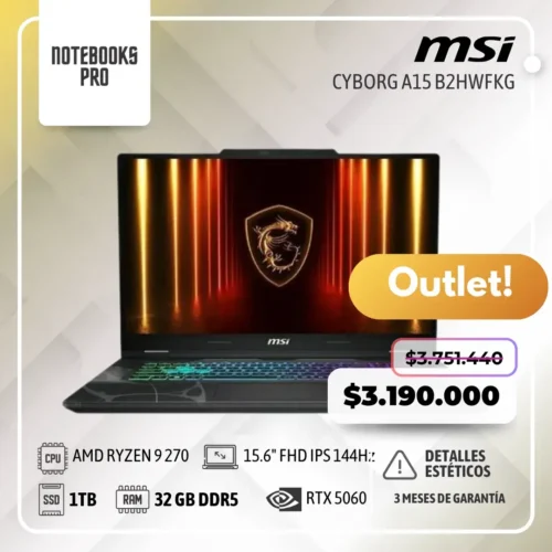(OUTLET) MSI CYBORG A15 B2HWFKG - AMD RYZEN 9 270 - SSD 1 TB - 32 GB RAM DDR5 - RTX 5060 - 15.6" FHD IPS 144Hz - Teclado Retroiluminado - 8 Núcleos