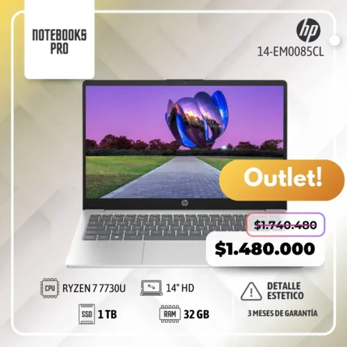 (OUTLET) HP 14-EM0085CL - RYZEN 7 7730U - SSD 1 TB - 32 GB RAM - 14" HD - 8 Núcleos