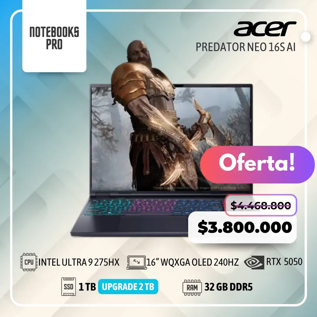 ACER PREDATOR NEO 16S AI - Intel Core Ultra 9 275HX - SSD 1 TB - 32 GB RAM DDR5 - 16” WQXGA OLED 240Hz - RTX 5060 - Teclado Retroiluminado - 24 Núcleos